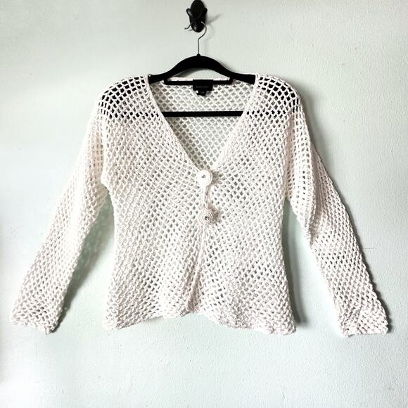 Pure Handknits Cotton Open Crochet Cardigan Sweater Rhinestone Buttons S/M Artsy - Picture 1 of 6